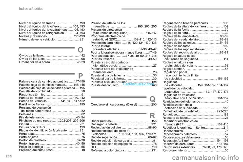 Peugeot Expert 2019  Manual del propietario (in Spanish) 236
O
Olvido de la llave ...........................................14 2
Olvido de las luces   .......................................... 98
Ordenador de a bordo
  ..............................28-29
