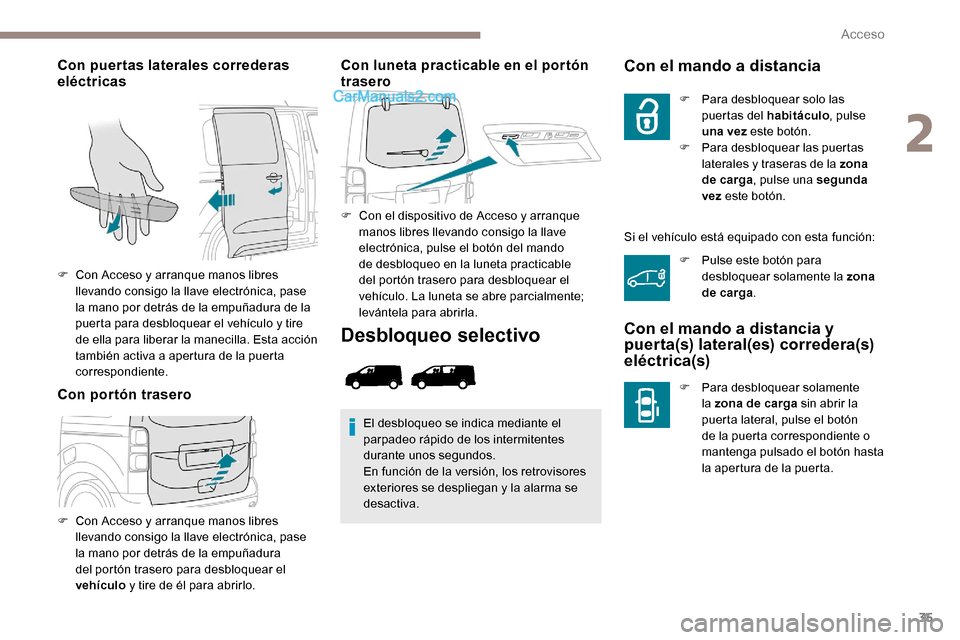 Peugeot Expert 2019  Manual del propietario (in Spanish) 35
Con puertas laterales correderas 
eléctricas
Con portón traseroCon luneta practicable en el portón 
trasero
F Con el dispositivo de Acceso y arranque 
manos libres llevando consigo la llave 
ele