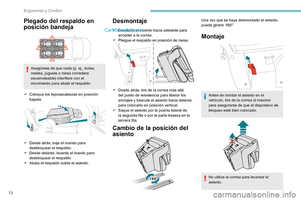 Peugeot Expert 2019  Manual del propietario (in Spanish) 72
Plegado del respaldo en 
posición bandeja
Asegúrese de que nada (p. ej., bolsa, 
m aleta, juguete o mesa corredera 
escamoteable) inter fiere con el 
movimiento para abatir el respaldo.
F
 
C
 ol