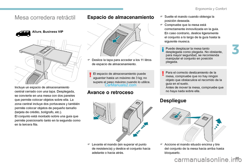 Peugeot Expert 2019  Manual del propietario (in Spanish) 83
Mesa corredera retráctil
Allure, Business VIP
Incluye un espacio de almacenamiento 
central cerrado con una tapa. Desplegada, 
se convierte en una mesa con dos paneles 
que permite colocar objetos