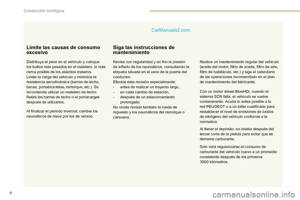 Peugeot Expert 2019 Manual del propietario (in Spanish) 8
Limite las causas de consumo
excesivo
Distribuya el peso en el vehículo y coloque
los bultos más pesados en el maletero, lo más
cerca posible de los asientos traseros.
Limite la carga del veh Peugeot Expert 2019 Manual del propietario (in Spanish) 8
Limite las causas de consumo
excesivo
Distribuya el peso en el vehículo y coloque
los bultos más pesados en el maletero, lo más
cerca posible de los asientos traseros.
Limite la carga del veh