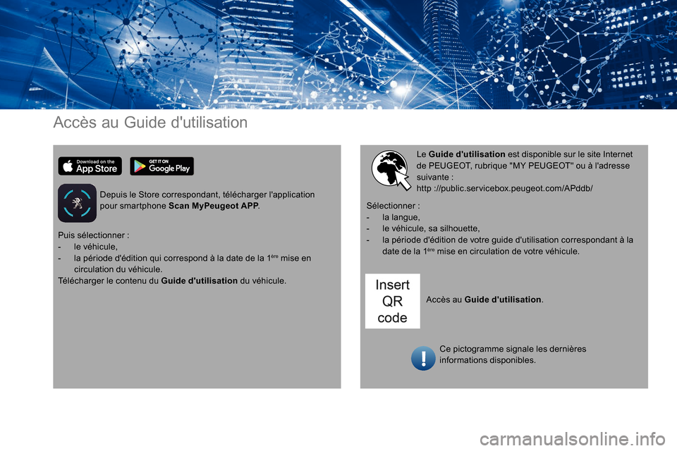 Peugeot Expert 2019 Manuel du propriétaire (in French) Accès au Guide dutilisation
Depuis le Store correspondant, télécharger lapplication
pour smartphone Scan MyPeugeot APP.
Accès au Guide dutilisation.
Le Guide dutilisation
est disponible sur Peugeot Expert 2019 Manuel du propriétaire (in French) Accès au Guide dutilisation
Depuis le Store correspondant, télécharger lapplication
pour smartphone Scan MyPeugeot APP.
Accès au Guide dutilisation.
Le Guide dutilisation
est disponible sur