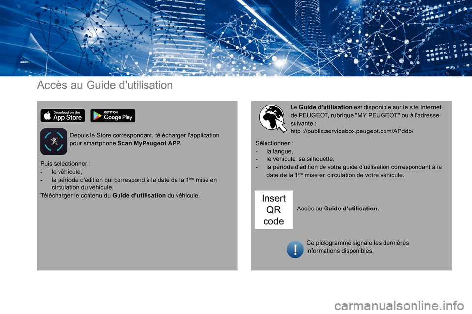 Peugeot Expert 2019  Manuel du propriétaire (in French) Accès au Guide dutilisation
Depuis le Store correspondant, télécharger lapplication 
pour smartphone Scan MyPeugeot APP.
Accès au Guide dutilisation.
Le Guide dutilisation
 est disponible sur 