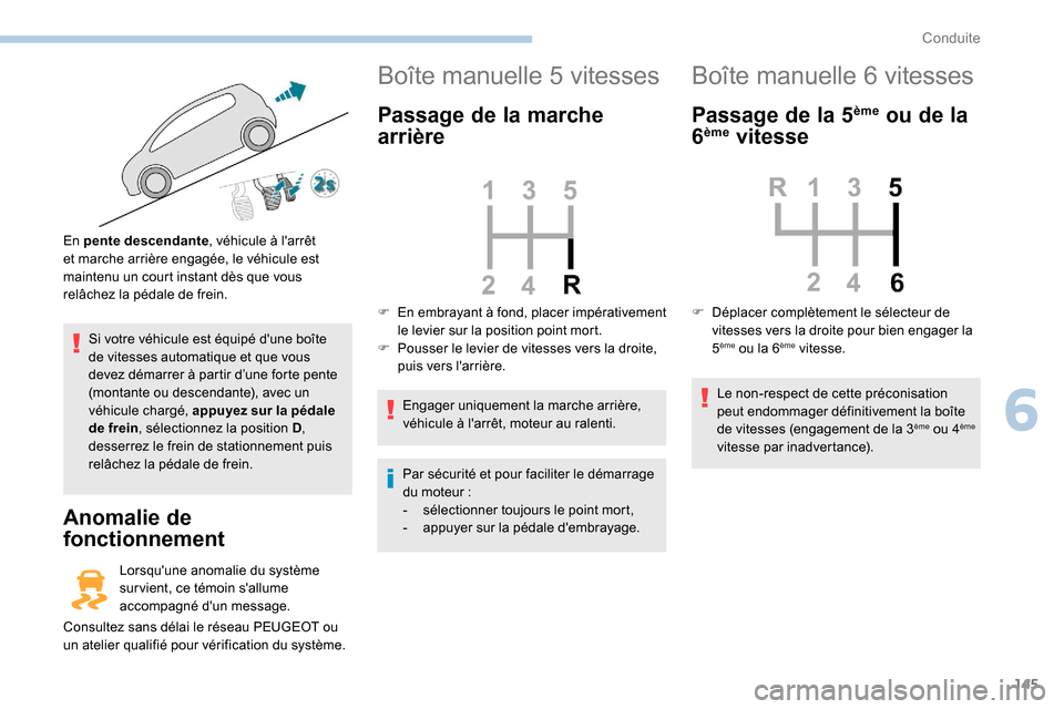 Peugeot Expert 2019 Manuel du propriétaire (in French) 145
Si votre véhicule est équipé dune boîte
de vitesses automatique et que vous
devez démarrer à partir d’une forte pente
(montante ou descendante), avec un
véhicule chargé, appuyez sur Peugeot Expert 2019 Manuel du propriétaire (in French) 145
Si votre véhicule est équipé dune boîte
de vitesses automatique et que vous
devez démarrer à partir d’une forte pente
(montante ou descendante), avec un
véhicule chargé, appuyez sur