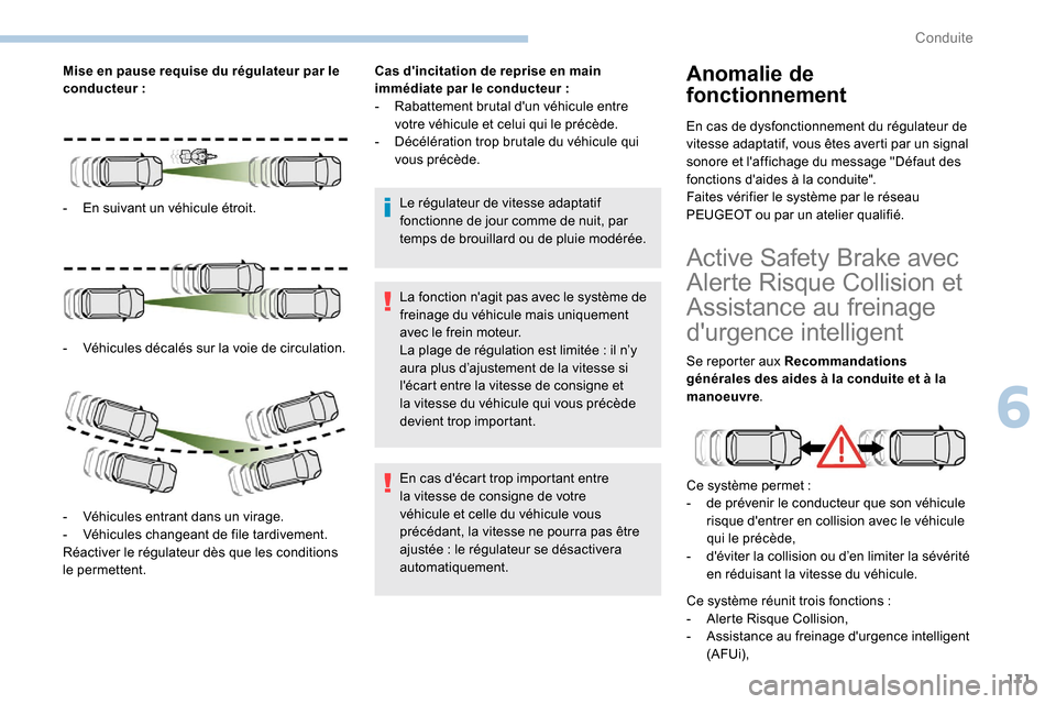 Peugeot Expert 2019 Manuel du propriétaire (in French) 171
Mise en pause requise du régulateur par le
conducteur :
-
E
n suivant un véhicule étroit.
-
V
éhicules décalés sur la voie de circulation.
-
V
éhicules entrant dans un virage.
-
Peugeot Expert 2019 Manuel du propriétaire (in French) 171
Mise en pause requise du régulateur par le
conducteur :
-
E
n suivant un véhicule étroit.
-
V
éhicules décalés sur la voie de circulation.
-
V
éhicules entrant dans un virage.
-