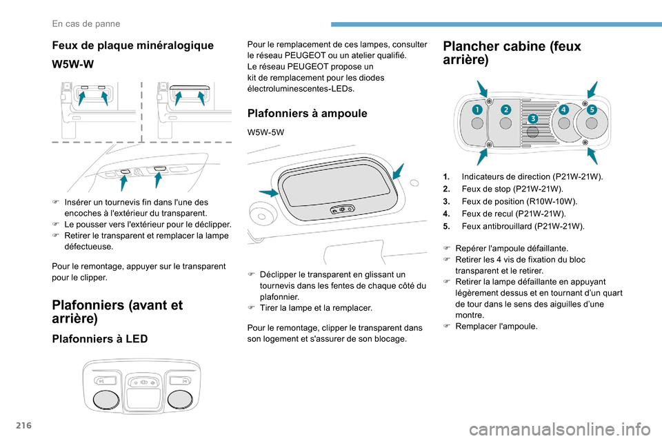 Peugeot Expert 2019 Manuel du propriétaire (in French) 216
Feux de plaque minéralogique
W5W-W
F Insérer un tournevis fin dans lune des encoches à lextérieur du transparent.
F
L
e pousser vers lextérieur pour le déclipper.
F
R
etirer le tran Peugeot Expert 2019 Manuel du propriétaire (in French) 216
Feux de plaque minéralogique
W5W-W
F Insérer un tournevis fin dans lune des encoches à lextérieur du transparent.
F
L
e pousser vers lextérieur pour le déclipper.
F
R
etirer le tran