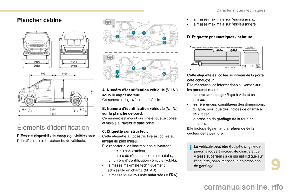 Peugeot Expert 2019  Manuel du propriétaire (in French) 231
Plancher cabine
Éléments didentification
Différents dispositifs de marquage visibles pour 
lidentification et la recherche du véhicule.A. Numéro didentification véhicule (V.I.N.), 
sous l