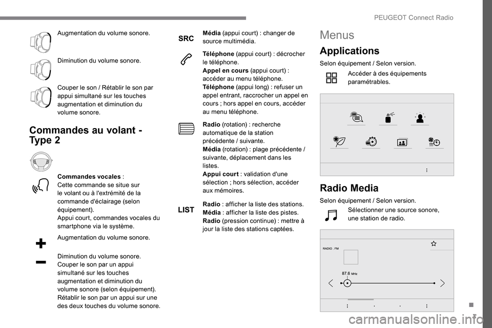 Peugeot Expert 2019  Manuel du propriétaire (in French) 3
Augmentation du volume sonore.
Diminution du volume sonore.
Couper le son  / Rétablir le son par 
appui simultané sur les touches 
augmentation et diminution du 
volume sonore.
Commandes au volant