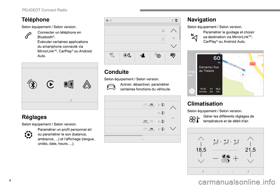 Peugeot Expert 2019  Manuel du propriétaire (in French) 4
21,518,5
Téléphone
Selon équipement / Selon version.
Connecter un téléphone en 
Bluetooth
®.
Exécuter certaines applications 
du smartphone connecté via 
MirrorLink
TM, CarPlay® ou Android 