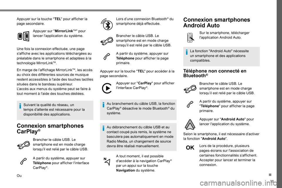 Peugeot Expert 2019  Manuel du propriétaire (in French) 11
Appuyer sur la touche "TEL" pour afficher la 
page secondaire.
Appuyer sur " MirrorLink
TM" pour 
lancer lapplication du système.
Une fois la connexion effectuée, une page 
saffiche avec les ap