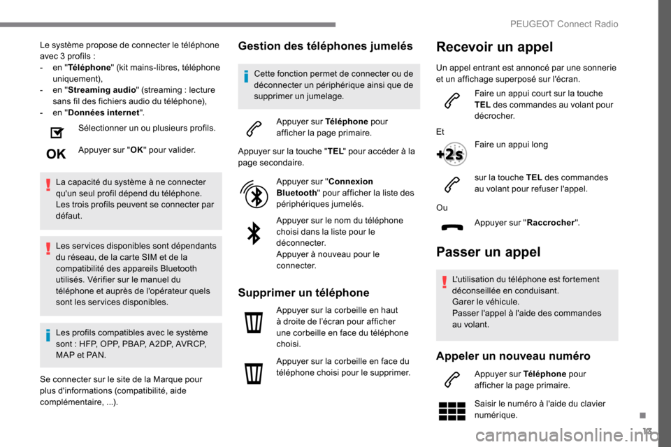 Peugeot Expert 2019  Manuel du propriétaire (in French) 13
Le système propose de connecter le téléphone 
avec 3 profils  :
-
 
e
 n "Téléphone " (kit mains-libres, téléphone 
uniquement),
-
 
e
 n "Streaming audio " (streaming
  : lecture 
sans fil 