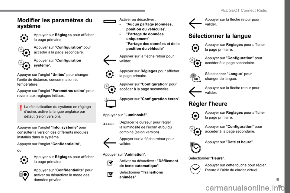 Peugeot Expert 2019  Manuel du propriétaire (in French) 15
Modifier les paramètres du 
système
Appuyer sur Réglages pour afficher 
la page primaire.
Appuyer sur " Configuration " pour 
accéder à la page secondaire.
Appuyer sur " Configuration 
systèm