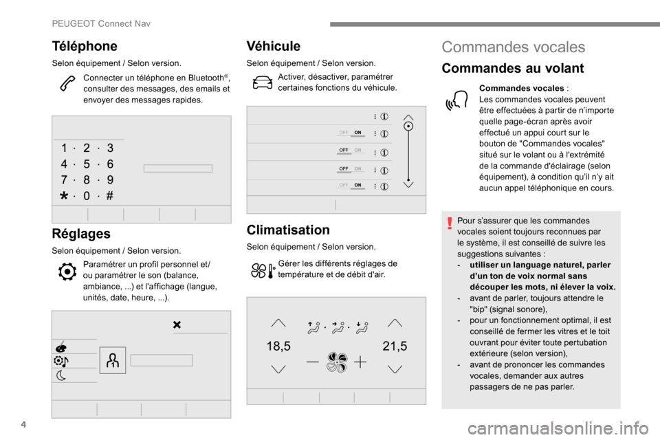 Peugeot Expert 2019  Manuel du propriétaire (in French) 4
21,518,5
Téléphone
Selon équipement / Selon version.
Connecter un téléphone en Bluetooth
®, 
consulter des messages, des emails et 
envoyer des messages rapides.
Réglages
Selon équipement  /