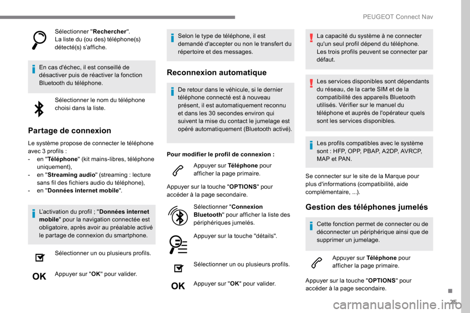 Peugeot Expert 2019 Manuel du propriétaire (in French) 25
Sélectionner "Rechercher".
La liste du (ou des) téléphone(s)
détecté(s) s’affiche.
En cas déchec, il est conseillé de
désactiver puis de réactiver la fonction
Bluetooth du téléphon Peugeot Expert 2019 Manuel du propriétaire (in French) 25
Sélectionner "Rechercher".
La liste du (ou des) téléphone(s)
détecté(s) s’affiche.
En cas déchec, il est conseillé de
désactiver puis de réactiver la fonction
Bluetooth du téléphon