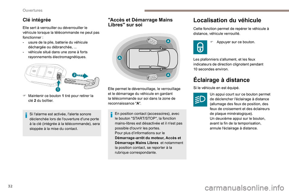 Peugeot Expert 2019 Manuel du propriétaire (in French) 32
Clé intégrée
Elle sert à verrouiller ou déverrouiller le
véhicule lorsque la télécommande ne peut pas
fonctionner
:
-
u
sure de la pile, batterie du véhicule
déchargée ou débran Peugeot Expert 2019 Manuel du propriétaire (in French) 32
Clé intégrée
Elle sert à verrouiller ou déverrouiller le
véhicule lorsque la télécommande ne peut pas
fonctionner
:
-
u
sure de la pile, batterie du véhicule
déchargée ou débran