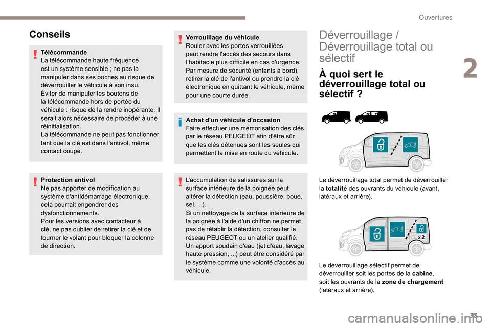 Peugeot Expert 2019 Manuel du propriétaire (in French) 33
Déverrouillage /
Déverrouillage total ou
sélectif
À quoi sert le
déverrouillage total ou
sélectif
?
Le déverrouillage total permet de déverrouiller
la totalité des ouvrants du vé Peugeot Expert 2019 Manuel du propriétaire (in French) 33
Déverrouillage /
Déverrouillage total ou
sélectif
À quoi sert le
déverrouillage total ou
sélectif
?
Le déverrouillage total permet de déverrouiller
la totalité des ouvrants du vé
