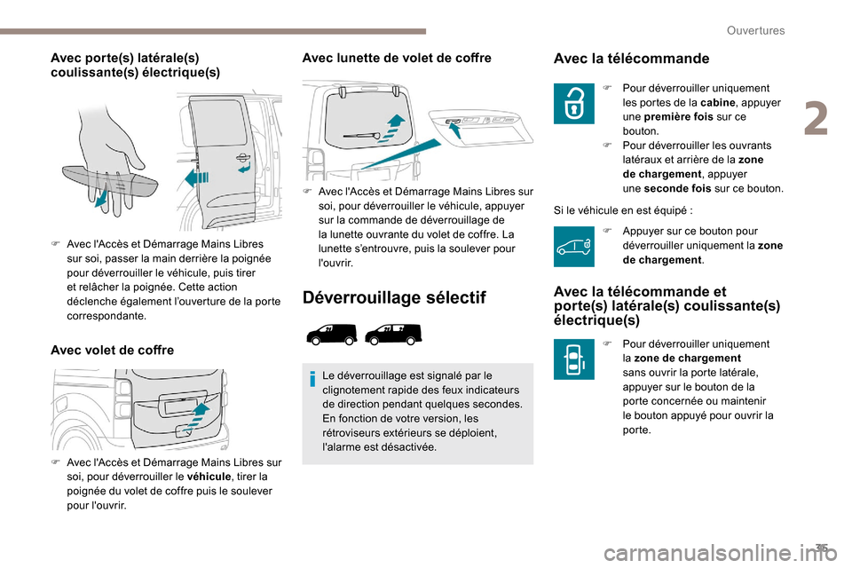 Peugeot Expert 2019 Manuel du propriétaire (in French) 35
Avec porte(s) latérale(s)
coulissante(s) électrique(s)
Avec volet de coffreAvec lunette de volet de coffre
F Avec lAccès et Démarrage Mains Libres sur
soi, pour déverrouiller le véhicule, Peugeot Expert 2019 Manuel du propriétaire (in French) 35
Avec porte(s) latérale(s)
coulissante(s) électrique(s)
Avec volet de coffreAvec lunette de volet de coffre
F Avec lAccès et Démarrage Mains Libres sur
soi, pour déverrouiller le véhicule,