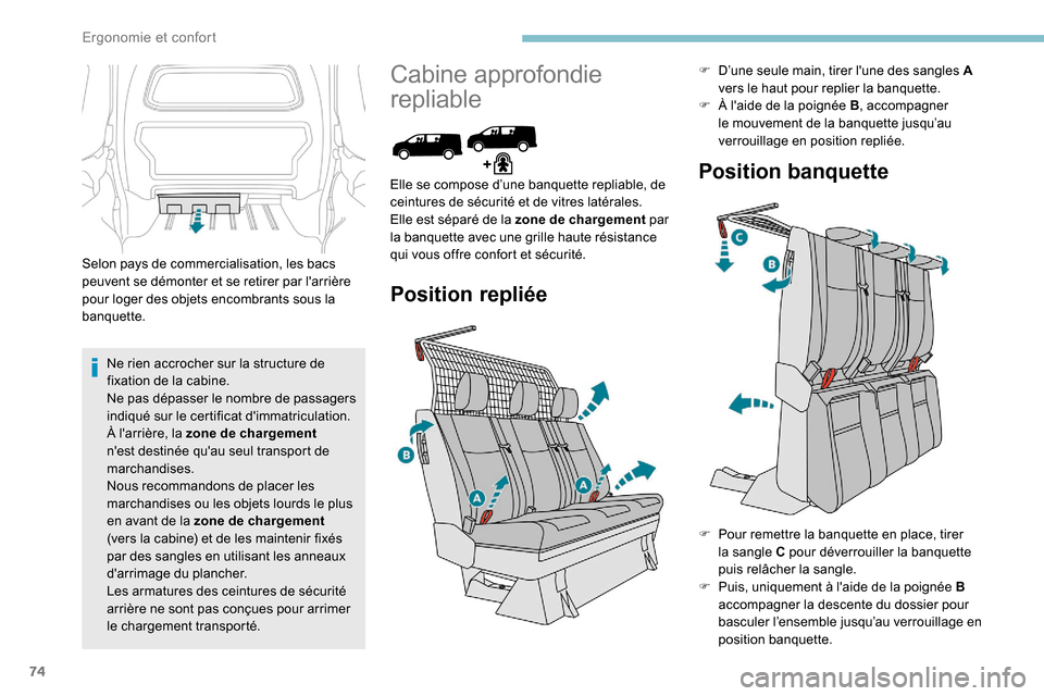Peugeot Expert 2019 Manuel du propriétaire (in French) 74
Selon pays de commercialisation, les bacs
peuvent se démonter et se retirer par larrière
pour loger des objets encombrants sous la
banquette.Ne rien accrocher sur la structure de
fixation de Peugeot Expert 2019 Manuel du propriétaire (in French) 74
Selon pays de commercialisation, les bacs
peuvent se démonter et se retirer par larrière
pour loger des objets encombrants sous la
banquette.Ne rien accrocher sur la structure de
fixation de