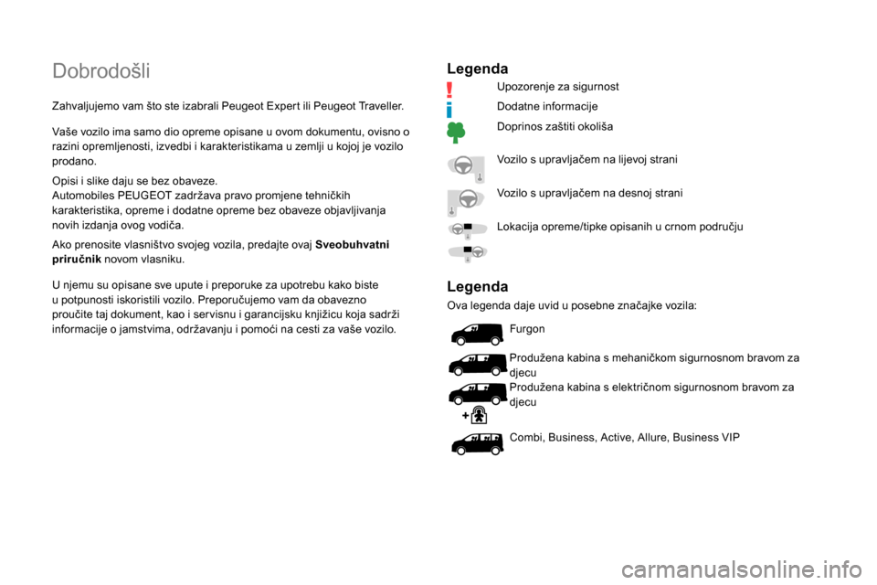 Peugeot Expert 2019  Vodič za korisnike (in Croatian) Dobrodošli
Zahvaljujemo vam što ste izabrali Peugeot Expert ili Peugeot Traveller.
Vaše vozilo ima samo dio opreme opisane u ovom dokumentu, ovisno o 
razini opremljenosti, izvedbi i karakteristika