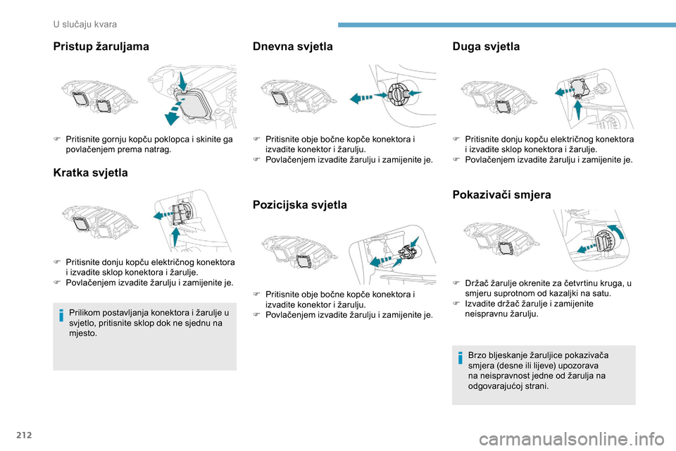 Peugeot Expert 2019 Vodič za korisnike (in Croatian) 212
Pristup žaruljama
Kratka svjetla
Prilikom postavljanja konektora i žarulje u
svjetlo, pritisnite sklop dok ne sjednu na
mjesto.
Dnevna svjetla
Pozicijska svjetlaDuga svjetla
Pokazivači smjera Peugeot Expert 2019 Vodič za korisnike (in Croatian) 212
Pristup žaruljama
Kratka svjetla
Prilikom postavljanja konektora i žarulje u
svjetlo, pritisnite sklop dok ne sjednu na
mjesto.
Dnevna svjetla
Pozicijska svjetlaDuga svjetla
Pokazivači smjera