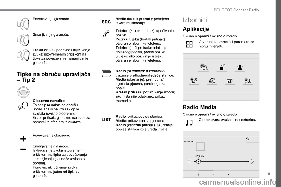 Peugeot Expert 2019 Vodič za korisnike (in Croatian) 3
Povećavanje glasnoće.
Smanjivanje glasnoće.
Prekid zvuka / ponovno uključivanje
zvuka: istovremenim pritiskom na
tipke za povećavanje i smanjivanje
glasnoće.
Tipke na obruču upravljača
Peugeot Expert 2019 Vodič za korisnike (in Croatian) 3
Povećavanje glasnoće.
Smanjivanje glasnoće.
Prekid zvuka / ponovno uključivanje
zvuka: istovremenim pritiskom na
tipke za povećavanje i smanjivanje
glasnoće.
Tipke na obruču upravljača