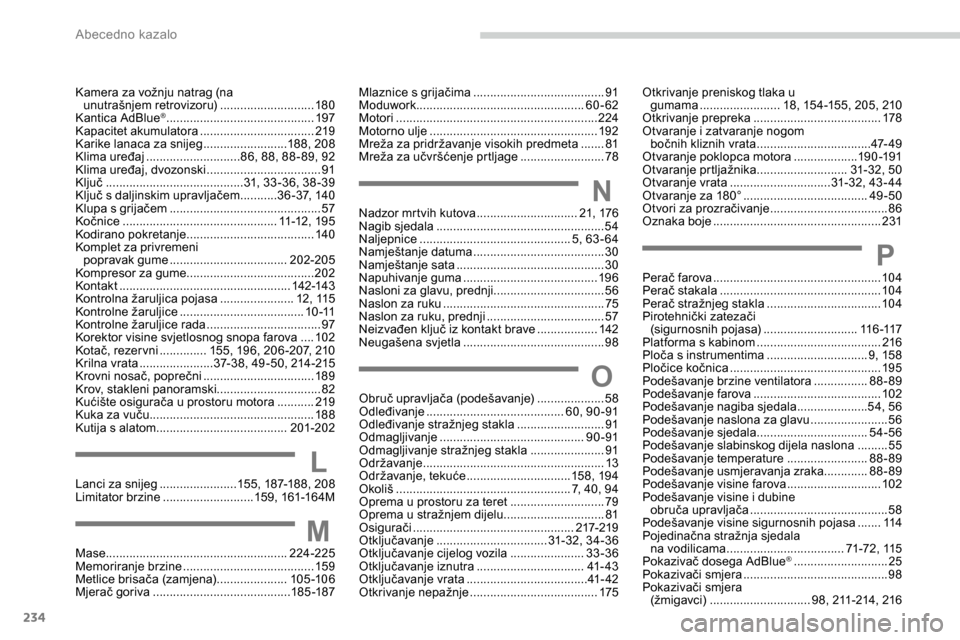 Peugeot Expert 2019 Vodič za korisnike (in Croatian) 234
Otkrivanje preniskog tlaka u gumama ........................ 18, 154-155, 205, 210
Otkrivanje prepreka
...................................... 178
Otvaranje i zatvaranje nogom bočnih kliznih Peugeot Expert 2019 Vodič za korisnike (in Croatian) 234
Otkrivanje preniskog tlaka u gumama ........................ 18, 154-155, 205, 210
Otkrivanje prepreka
...................................... 178
Otvaranje i zatvaranje nogom bočnih kliznih