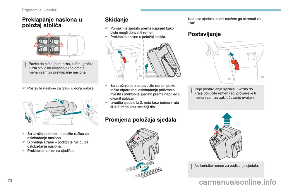 Peugeot Expert 2019 Vodič za korisnike (in Croatian) 72
Preklapanje naslona u
položaj stolića
Pazite da ništa (npr. torba, kofer, igračka,
klizni stolić na uvlačenje) ne ometa
mehanizam za preklapanje naslona.
F
P
ostavite naslone za glavu u Peugeot Expert 2019 Vodič za korisnike (in Croatian) 72
Preklapanje naslona u
položaj stolića
Pazite da ništa (npr. torba, kofer, igračka,
klizni stolić na uvlačenje) ne ometa
mehanizam za preklapanje naslona.
F
P
ostavite naslone za glavu u
