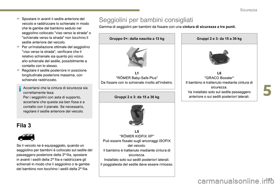 Peugeot Expert 2019  Manuale del proprietario (in Italian) 123
F Spostare in avanti il sedile anteriore del veicolo e raddrizzare lo schienale in modo 
che le gambe del bambino seduto nel 
seggiolino collocato "viso verso la strada" o 
"schienale verso la str