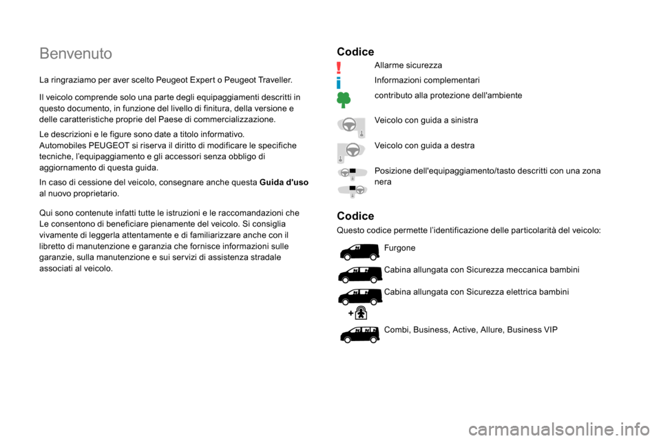 Peugeot Expert 2019 Manuale del proprietario (in Italian) Benvenuto
La ringraziamo per aver scelto Peugeot Expert o Peugeot Traveller.
Il veicolo comprende solo una parte degli equipaggiamenti descritti in
questo documento, in funzione del livello di finitu Peugeot Expert 2019 Manuale del proprietario (in Italian) Benvenuto
La ringraziamo per aver scelto Peugeot Expert o Peugeot Traveller.
Il veicolo comprende solo una parte degli equipaggiamenti descritti in
questo documento, in funzione del livello di finitu