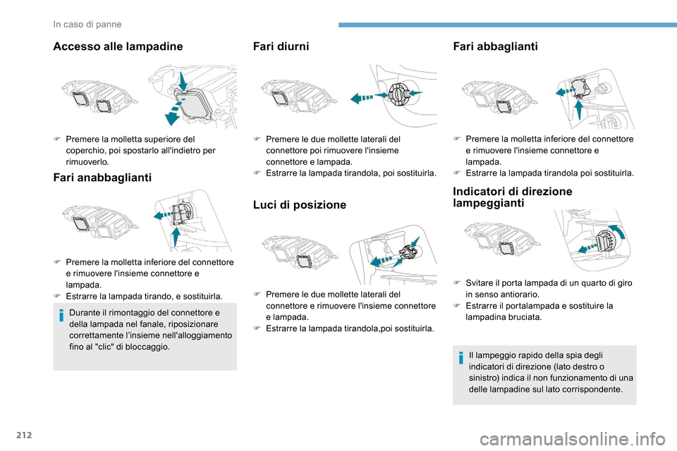 Peugeot Expert 2019  Manuale del proprietario (in Italian) 212
Accesso alle lampadine
Fari anabbaglianti
Durante il rimontaggio del connettore e 
della lampada nel fanale, riposizionare 
correttamente l’insieme nellalloggiamento 
fino al "clic" di bloccagg