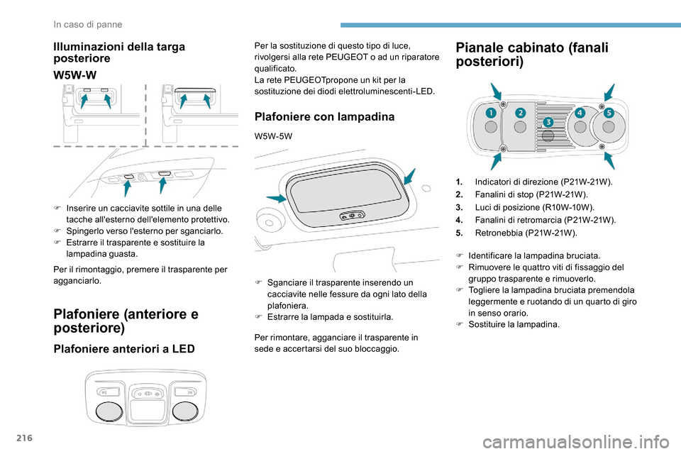 Peugeot Expert 2019  Manuale del proprietario (in Italian) 216
Illuminazioni della targa 
posteriore
W5W-W
F Inserire un cacciavite sottile in una delle tacche allesterno dellelemento protettivo.
F
 
S
 pingerlo verso lesterno per sganciarlo.
F
 
E
 strarr