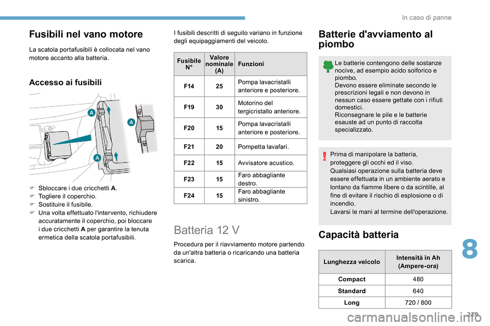 Peugeot Expert 2019  Manuale del proprietario (in Italian) 219
Fusibili nel vano motore
La scatola portafusibili è collocata nel vano 
motore accanto alla batteria.
Accesso ai fusibili
F Sbloccare i due cricchetti A.
F  T ogliere il coperchio.
F
 
S
 ostitui