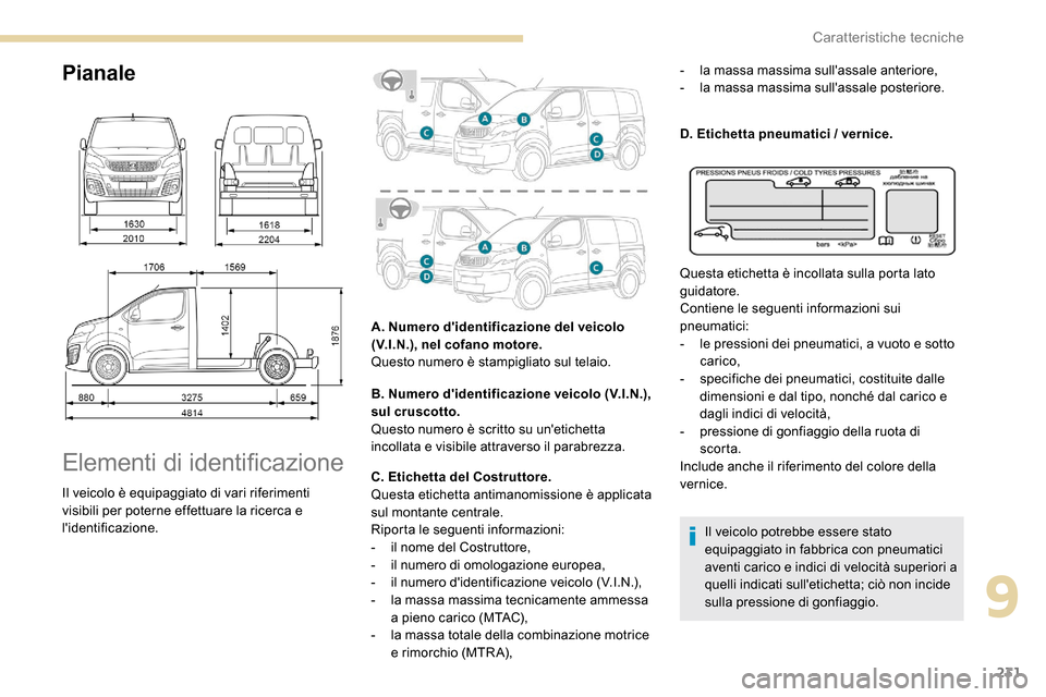 Peugeot Expert 2019 Manuale del proprietario (in Italian) 231
Pianale
Elementi di identificazione
Il veicolo è equipaggiato di vari riferimenti
visibili per poterne effettuare la ricerca e
lidentificazione.A. Numero didentificazione del veicolo
(V.I.N. Peugeot Expert 2019 Manuale del proprietario (in Italian) 231
Pianale
Elementi di identificazione
Il veicolo è equipaggiato di vari riferimenti
visibili per poterne effettuare la ricerca e
lidentificazione.A. Numero didentificazione del veicolo
(V.I.N.