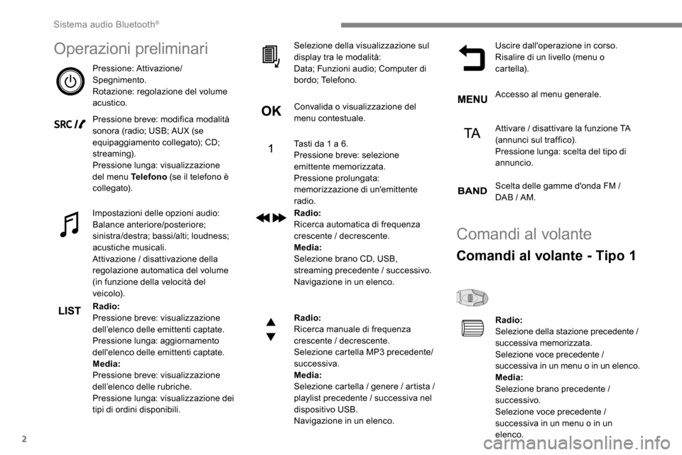 Peugeot Expert 2019  Manuale del proprietario (in Italian) 2
Operazioni preliminari
Pressione: Attivazione/
Spegnimento.
Rotazione: regolazione del volume 
acustico.
Pressione breve: modifica modalità 
sonora (radio; USB; AUX (se 
equipaggiamento collegato);