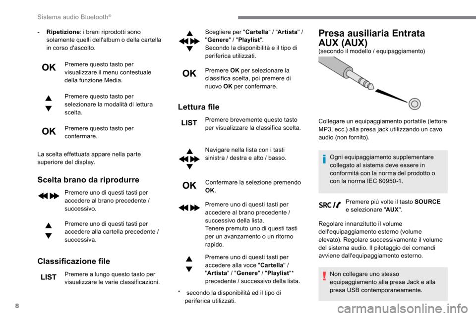 Peugeot Expert 2019 Manuale del proprietario (in Italian) 8
- Ripetizione: i brani riprodotti sono
solamente quelli dellalbum o della cartella
in corso dascolto.
Premere questo tasto per
visualizzare il menu contestuale
della funzione Media.
Premere qu Peugeot Expert 2019 Manuale del proprietario (in Italian) 8
- Ripetizione: i brani riprodotti sono
solamente quelli dellalbum o della cartella
in corso dascolto.
Premere questo tasto per
visualizzare il menu contestuale
della funzione Media.
Premere qu