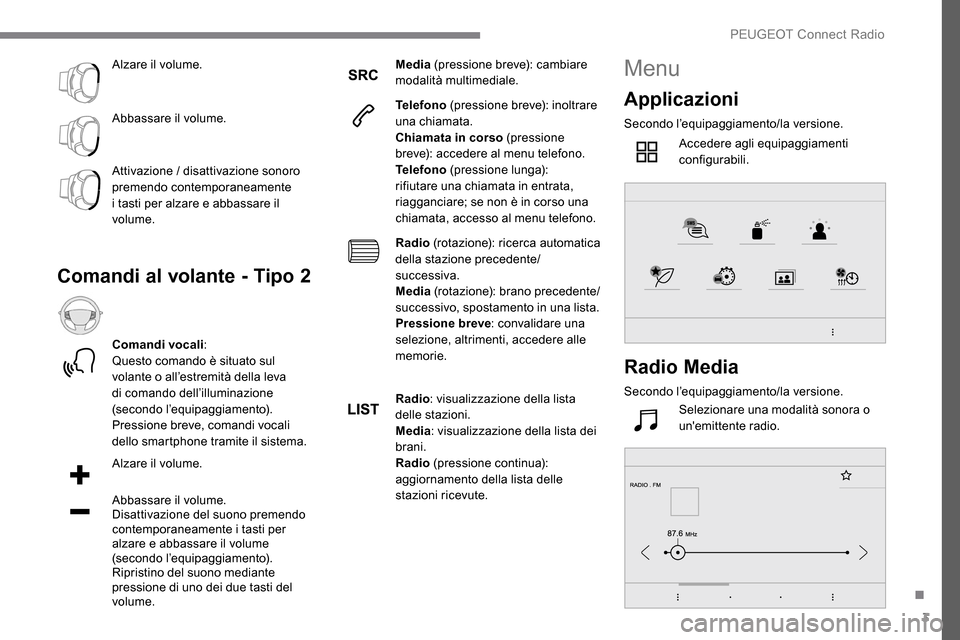 Peugeot Expert 2019 Manuale del proprietario (in Italian) 3
Alzare il volume.
Abbassare il volume.
Attivazione
/ disattivazione sonoro
premendo contemporaneamente
i tasti per alzare e abbassare il
volume.
Comandi al volante - Tipo 2
Comandi vocali :
Que Peugeot Expert 2019 Manuale del proprietario (in Italian) 3
Alzare il volume.
Abbassare il volume.
Attivazione
/ disattivazione sonoro
premendo contemporaneamente
i tasti per alzare e abbassare il
volume.
Comandi al volante - Tipo 2
Comandi vocali :
Que