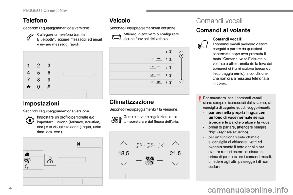 Peugeot Expert 2019 Manuale del proprietario (in Italian) 4
21,518,5
Telefono
Secondo l’equipaggiamento/la versione.Collegare un telefono tramite
Bluetooth
®, leggere messaggi ed email
e inviare messaggi rapidi.
Impostazioni
Secondo l’equipaggiamento/ Peugeot Expert 2019 Manuale del proprietario (in Italian) 4
21,518,5
Telefono
Secondo l’equipaggiamento/la versione.Collegare un telefono tramite
Bluetooth
®, leggere messaggi ed email
e inviare messaggi rapidi.
Impostazioni
Secondo l’equipaggiamento/