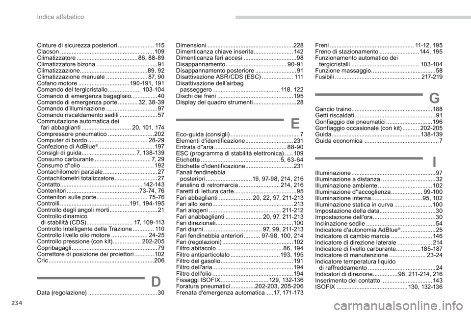 Peugeot Expert 2019 Manuale del proprietario (in Italian) 234
Freni ................................................... 11 -12 , 1 9 5
Freno di stazionamento ........................14 4, 19 5
Funzionamento automatico dei tergicristalli
.............. Peugeot Expert 2019 Manuale del proprietario (in Italian) 234
Freni ................................................... 11 -12 , 1 9 5
Freno di stazionamento ........................14 4, 19 5
Funzionamento automatico dei tergicristalli
..............