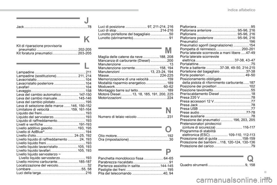 Peugeot Expert 2019  Manuale del proprietario (in Italian) 235
JJack .................................................................78
KKit di riparazione provvisoria 
pneumatici  .......................................... 202-205
Kit foratura pneumatici
 .