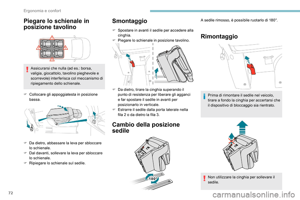 Peugeot Expert 2019 Manuale del proprietario (in Italian) 72
Piegare lo schienale in
posizione tavolino
Assicurarsi che nulla (ad es.: borsa,
valigia, giocattolo, tavolino pieghevole e
scorrevole) inter ferisca col meccanismo di
ripiegamento dello schien Peugeot Expert 2019 Manuale del proprietario (in Italian) 72
Piegare lo schienale in
posizione tavolino
Assicurarsi che nulla (ad es.: borsa,
valigia, giocattolo, tavolino pieghevole e
scorrevole) inter ferisca col meccanismo di
ripiegamento dello schien