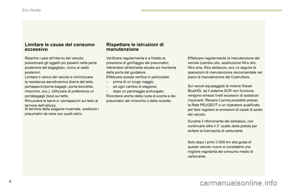 Peugeot Expert 2019 Manuale del proprietario (in Italian) 8
Limitare le cause del consumo
eccessivo
Ripartire i pesi allinterno del veicolo;
posizionare gli oggetti più pesanti nella parte
posteriore del bagagliaio, vicino ai sedili
posteriori.
Limitar Peugeot Expert 2019 Manuale del proprietario (in Italian) 8
Limitare le cause del consumo
eccessivo
Ripartire i pesi allinterno del veicolo;
posizionare gli oggetti più pesanti nella parte
posteriore del bagagliaio, vicino ai sedili
posteriori.
Limitar
