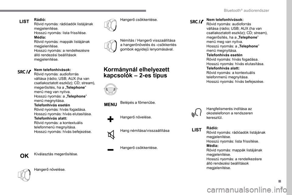 Peugeot Expert 2019 Kezelési útmutató (in Hungarian) 3
Rádió:
Rövid nyomás: rádióadók listájának
megjelenítése.
Hosszú nyomás: lista frissítése.
Média:
Rövid nyomás: mappák listájának
megjelenítése.
Hosszú nyomás: a rendelkez Peugeot Expert 2019 Kezelési útmutató (in Hungarian) 3
Rádió:
Rövid nyomás: rádióadók listájának
megjelenítése.
Hosszú nyomás: lista frissítése.
Média:
Rövid nyomás: mappák listájának
megjelenítése.
Hosszú nyomás: a rendelkez