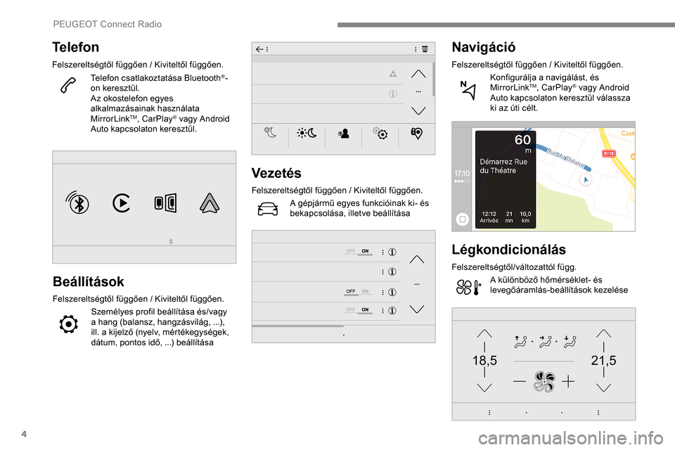 Peugeot Expert 2019 Kezelési útmutató (in Hungarian) 4
21,518,5
Telefon
Felszereltségtől függően / Kiviteltől függően.Telefon csatlakoztatása Bluetooth®-
on keresztül.
Az okostelefon egyes
alkalmazásainak használata
MirrorLink
TM, CarPlay Peugeot Expert 2019 Kezelési útmutató (in Hungarian) 4
21,518,5
Telefon
Felszereltségtől függően / Kiviteltől függően.Telefon csatlakoztatása Bluetooth®-
on keresztül.
Az okostelefon egyes
alkalmazásainak használata
MirrorLink
TM, CarPlay