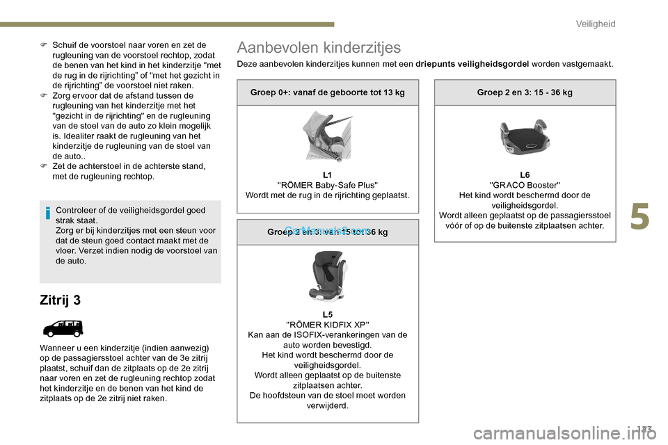 Peugeot Expert 2019 Handleiding (in Dutch) 123
F Schuif de voorstoel naar voren en zet de rugleuning van de voorstoel rechtop, zodat
de benen van het kind in het kinderzitje "met
de rug in de rijrichting” of "met het gezicht in
de rijrich Peugeot Expert 2019 Handleiding (in Dutch) 123
F Schuif de voorstoel naar voren en zet de rugleuning van de voorstoel rechtop, zodat
de benen van het kind in het kinderzitje "met
de rug in de rijrichting” of "met het gezicht in
de rijrich