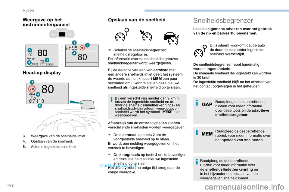 Peugeot Expert 2019 Handleiding (in Dutch) 162
Weergave op het
instrumentenpaneel
Head-up display
3.Weergave van de snelheidslimiet.
4. Opslaan van de snelheid.
5. Actuele ingestelde snelheid.
Opslaan van de snelheid
Bij de detectie van een v Peugeot Expert 2019 Handleiding (in Dutch) 162
Weergave op het
instrumentenpaneel
Head-up display
3.Weergave van de snelheidslimiet.
4. Opslaan van de snelheid.
5. Actuele ingestelde snelheid.
Opslaan van de snelheid
Bij de detectie van een v