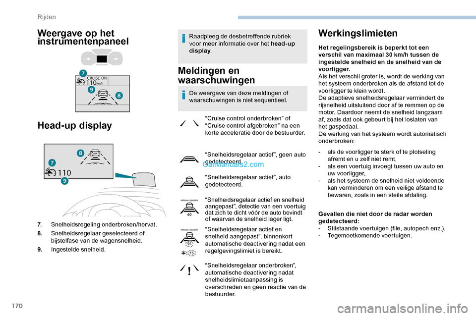 Peugeot Expert 2019 Handleiding (in Dutch) 170
Raadpleeg de desbetreffende rubriek
voor meer informatie over het head-up
display.
Meldingen en
waarschuwingen
De weergave van deze meldingen of
waarschuwingen is niet sequentieel.
Werkingslim Peugeot Expert 2019 Handleiding (in Dutch) 170
Raadpleeg de desbetreffende rubriek
voor meer informatie over het head-up
display.
Meldingen en
waarschuwingen
De weergave van deze meldingen of
waarschuwingen is niet sequentieel.
Werkingslim