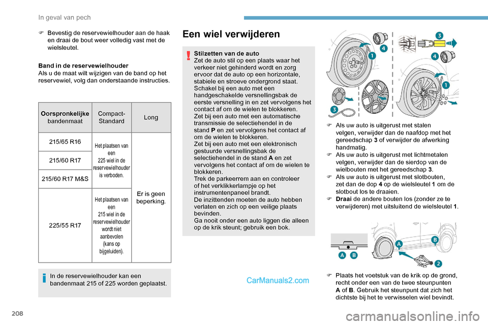 Peugeot Expert 2019  Handleiding (in Dutch) 208
Band in de reservewielhouder
Als u de maat wilt wijzigen van de band op het 
reservewiel, volg dan onderstaande instructies.In de reservewielhouder kan een 
bandenmaat 215 of 225 worden geplaatst.