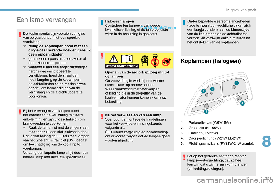 Peugeot Expert 2019  Handleiding (in Dutch) 211
Een lamp vervangen
De koplampunits zijn voorzien van glas 
van polycarbonaat met een speciale 
vernislaag:
F 
r
 einig de koplampen nooit met een 
droge of schurende doek en gebruik 
geen oplosmid