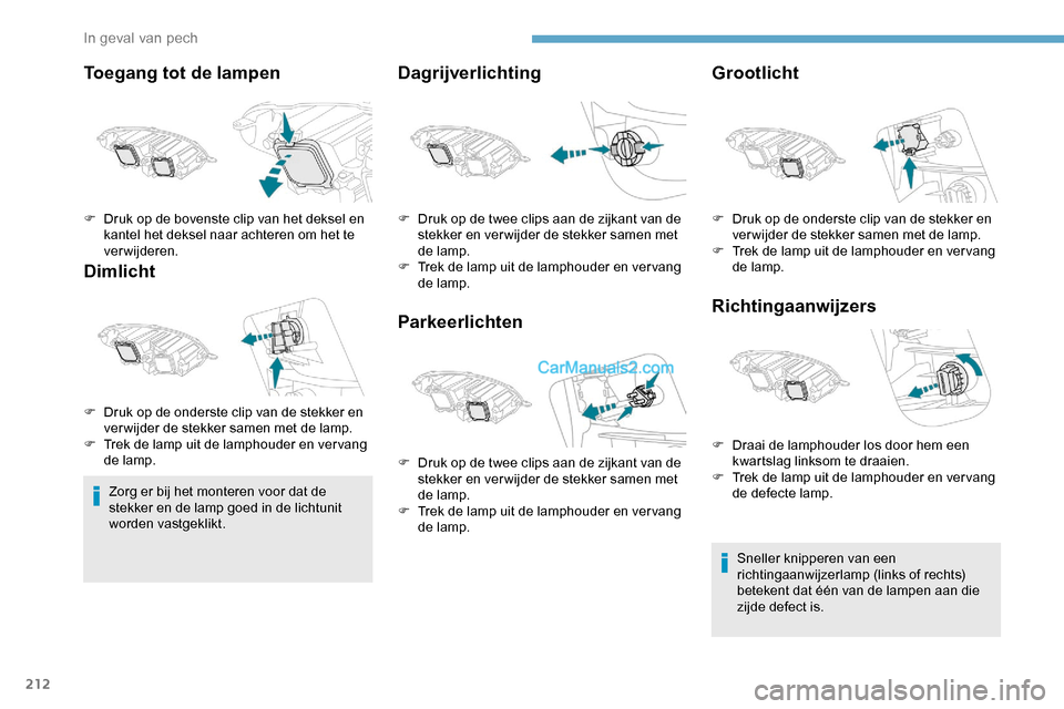 Peugeot Expert 2019  Handleiding (in Dutch) 212
Toegang tot de lampen
Dimlicht
Zorg er bij het monteren voor dat de 
stekker en de lamp goed in de lichtunit 
worden vastgeklikt.
Dagrijverlichting
ParkeerlichtenGrootlicht
Richtingaanwijzers
Snel