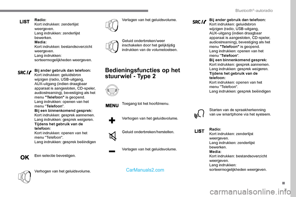 Peugeot Expert 2019  Handleiding (in Dutch) 3
Radio:
Kort indrukken: zenderlijst 
weergeven.
Lang indrukken: zenderlijst 
bewerken.
Media:
Kort indrukken: bestandsoverzicht 
weergeven.
Lang indrukken: 
sorteermogelijkheden weergeven.
Bij ander 